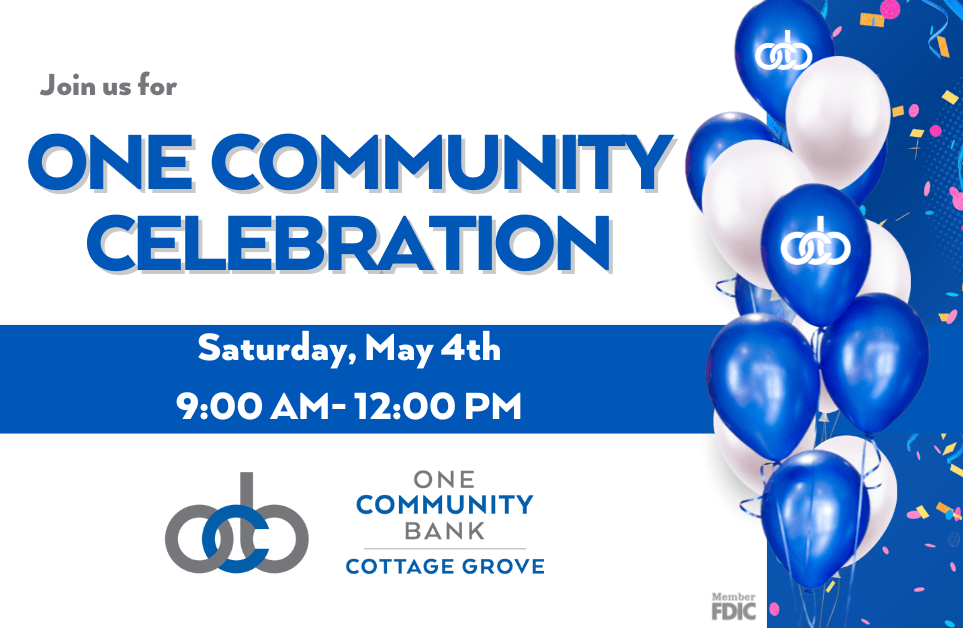 Join Us for ONE Community Celebration graphic with balloons