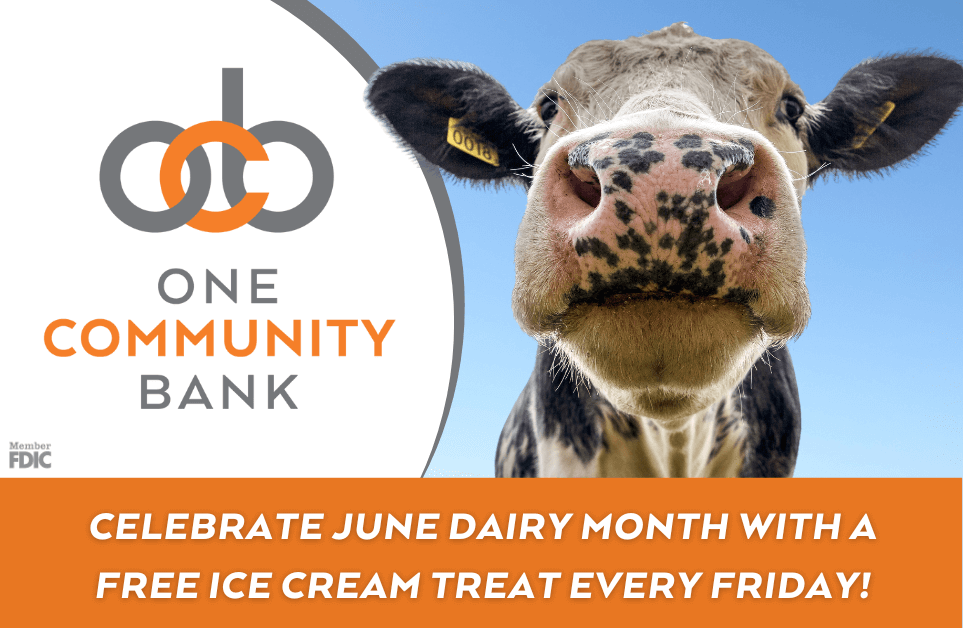 Flyer with OCB logo and image of a cow that says: Celebrate June Dairy Month with a free ice cream treat every Friday.