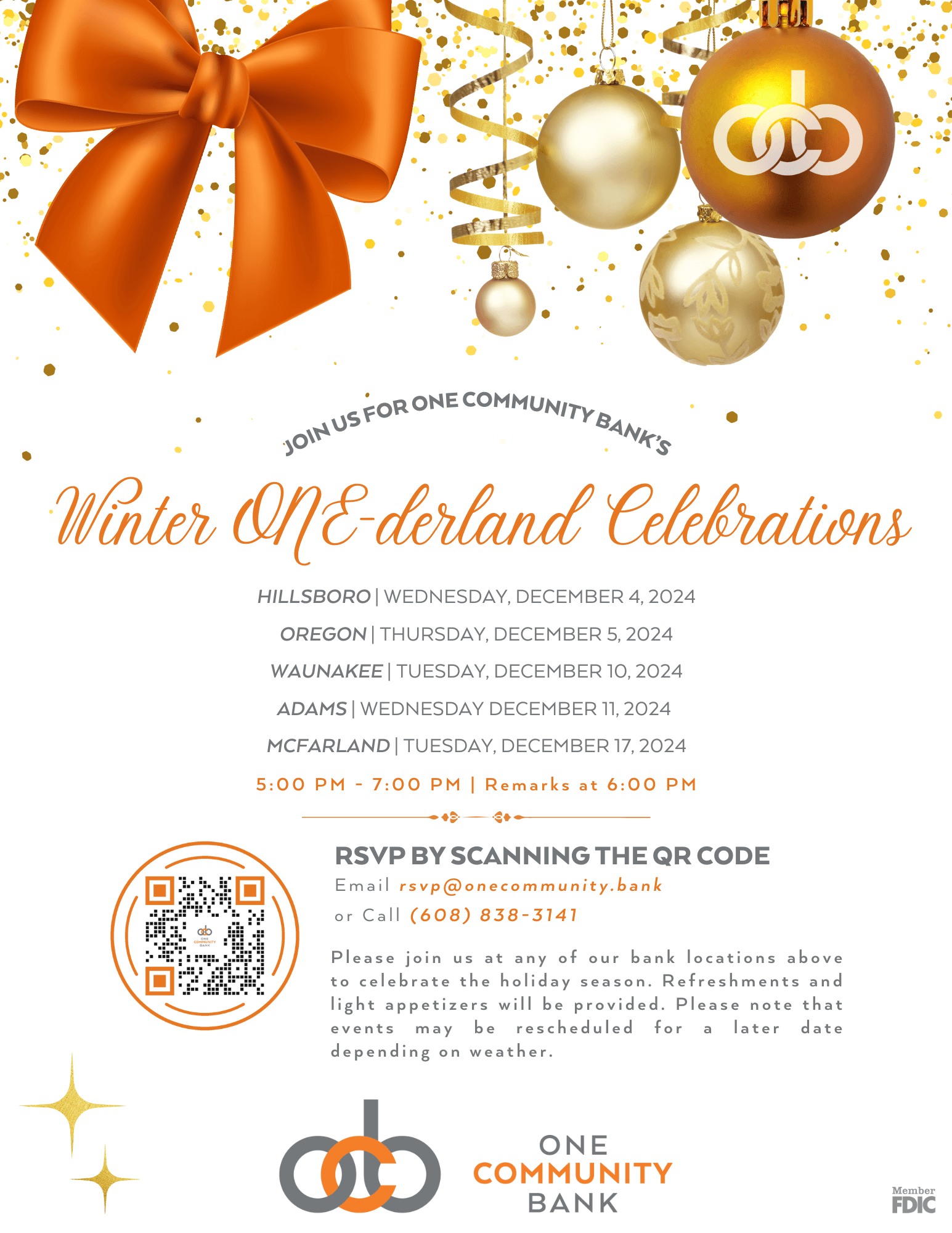Flyer that lists OCB's 2024 Winter ONE-derland Celebration dates with times and instructions to RSVP.