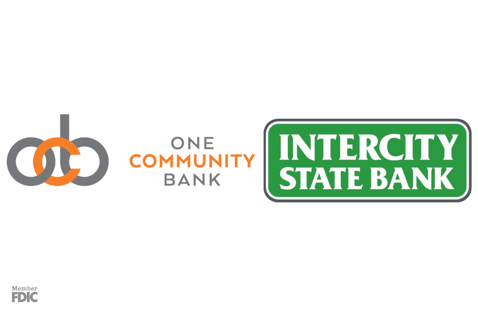 One Community Bank logo and Intercity State Bank logo side by side