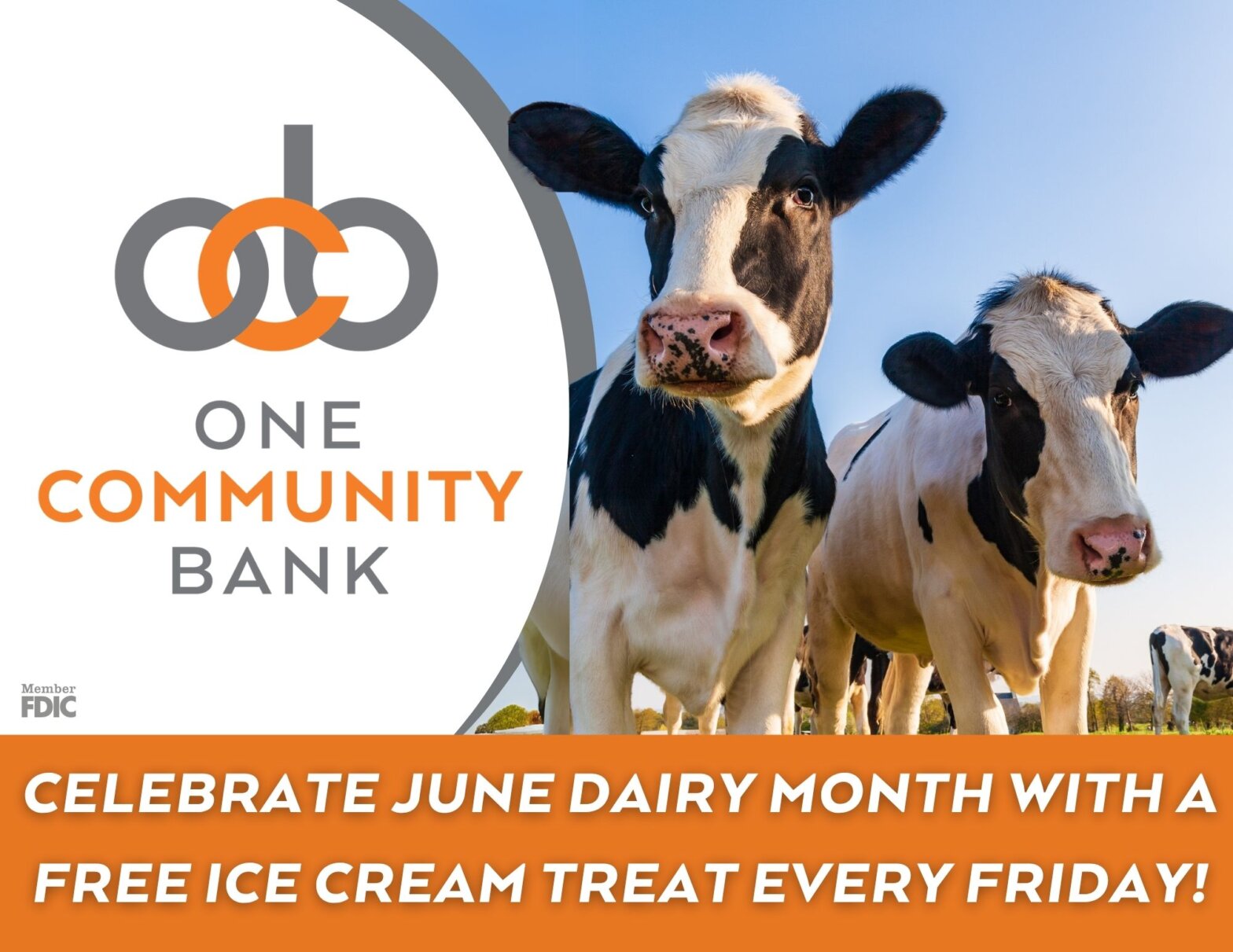Cow graphic with One Community Bank Logo and text reading celebrate June Dairy Month with a free ice cream treat every Friday!
